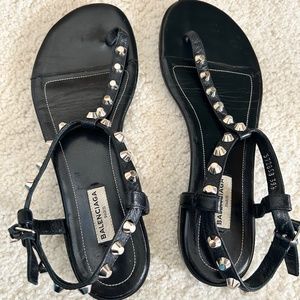 BALENCIAGA Black Studded Leather T-strap Sandals Size 39.5